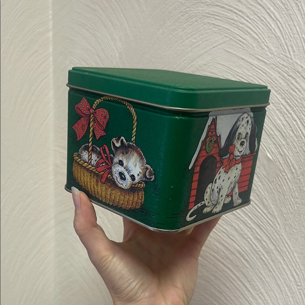 Vintage Green Tin Box with Dog Illustrations